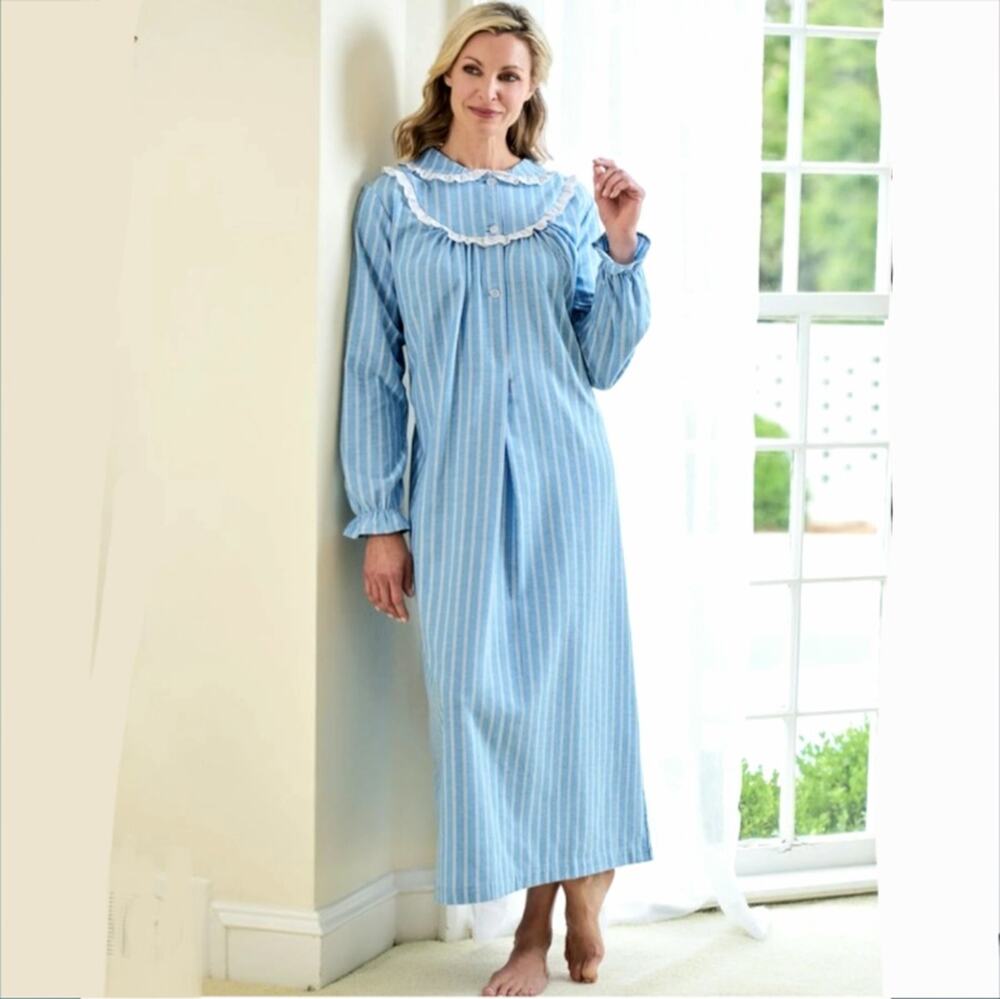 Women Blue Stripe Cotton Flannel Long Nightgown 1X Granny Classic Cozy Warm NEW